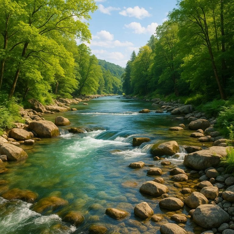 晴れた日差しの川と森