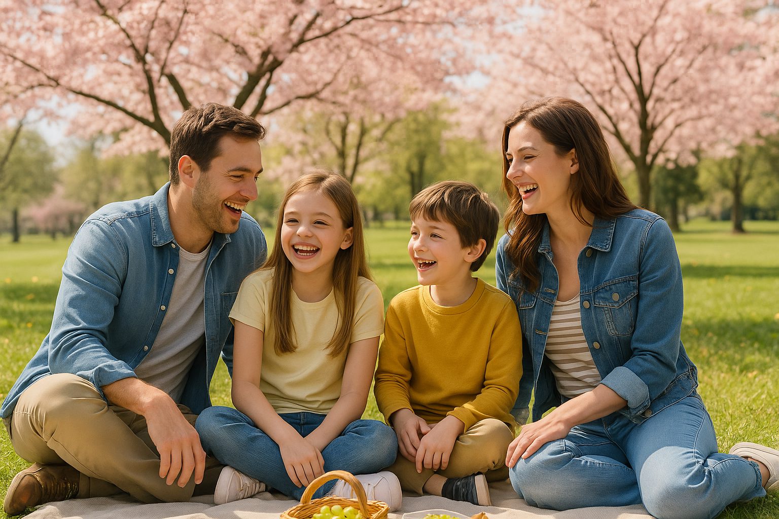 桜の下で家族ピクニック