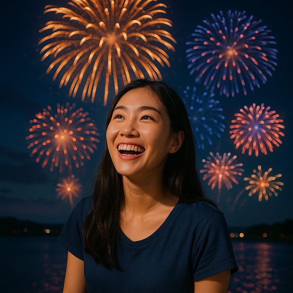 花火を見上げる笑顔の女性