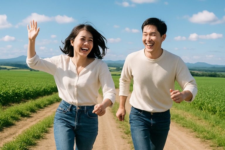 快晴の田舎道を歩むカップル