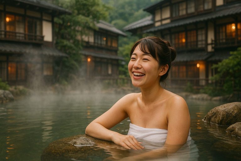 温泉で癒やされる女性
