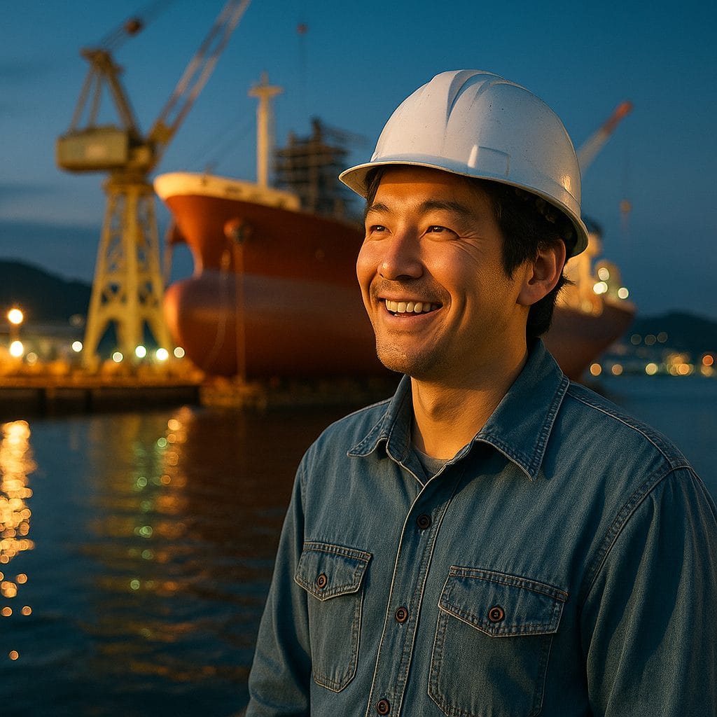 港の作業員と夕陽