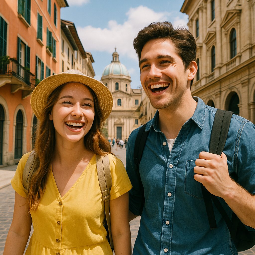 ヨーロッパの街角で微笑む二人