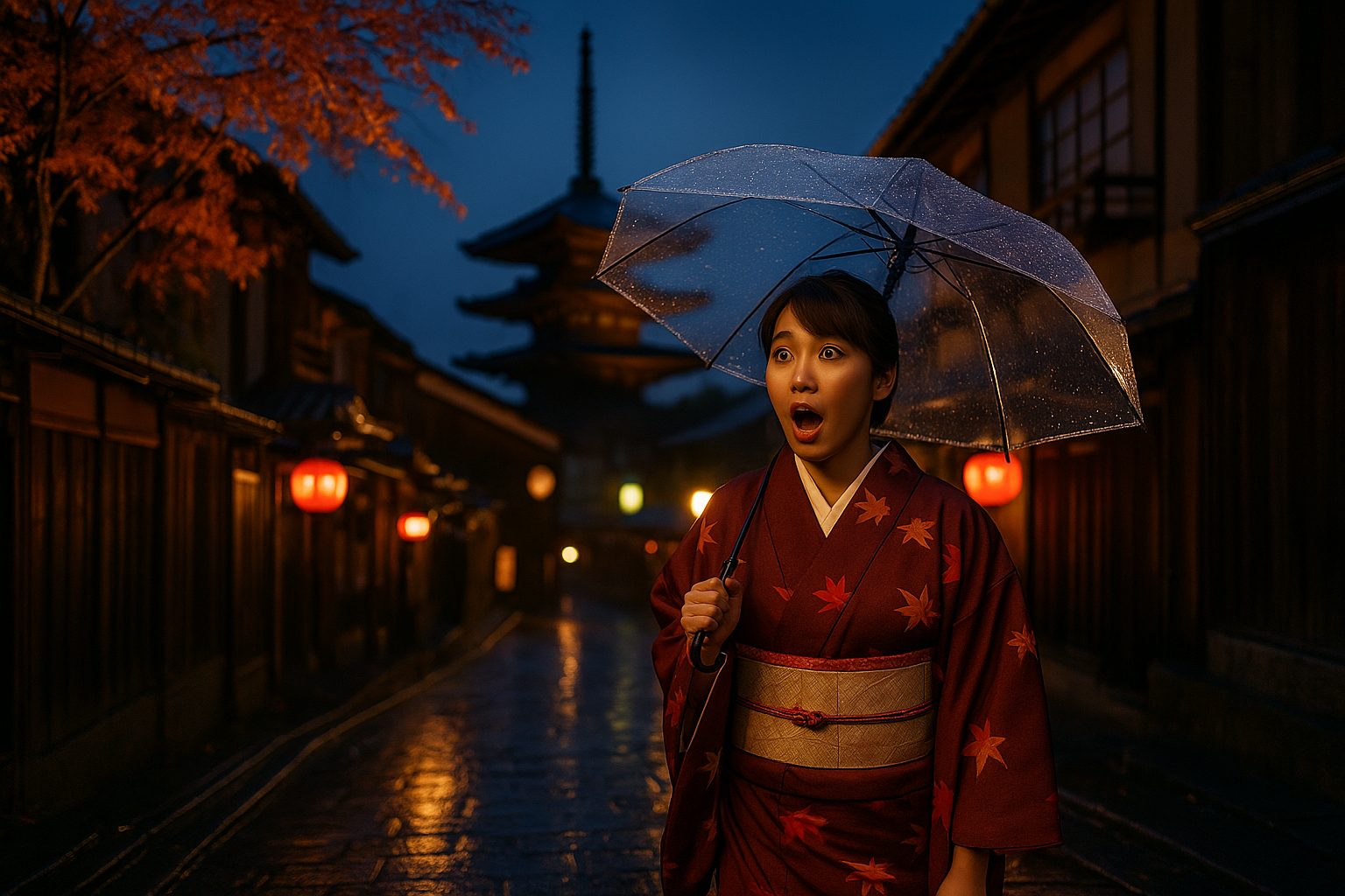 雨の夕暮れの京都