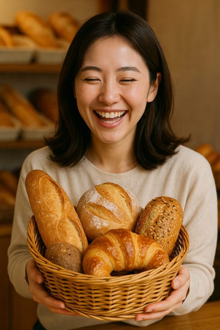 ベーカリーで微笑む女性とパン