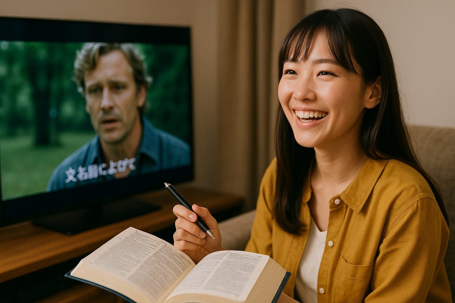 テレビと辞書に集中する女性