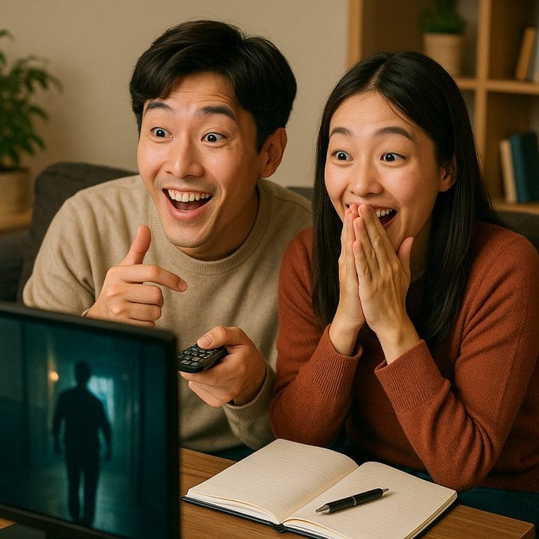 映画に驚くカップル