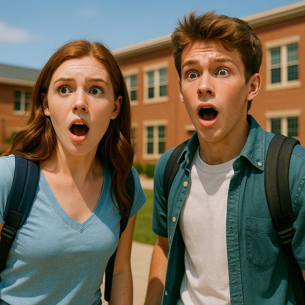 驚いた表情の学生たち