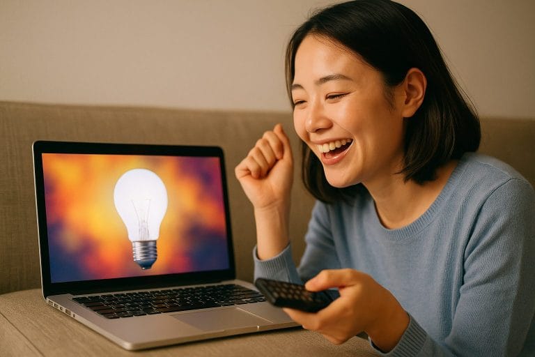 映画を楽しむ女性と明るい電球