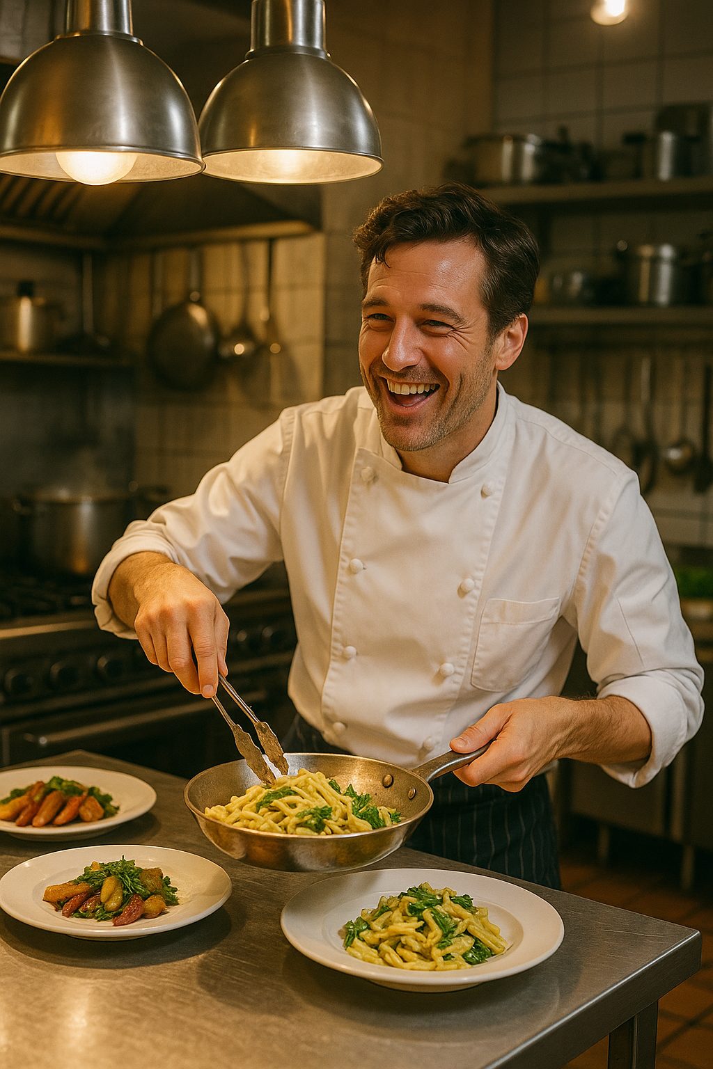 笑顔のシェフと料理のプレート