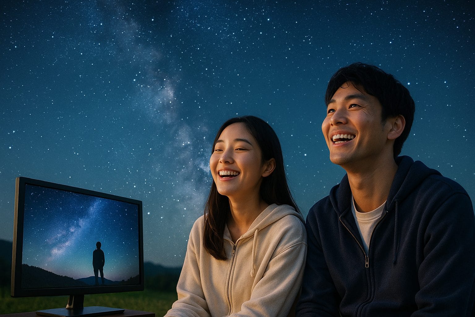 星空の下、映画を楽しむ二人