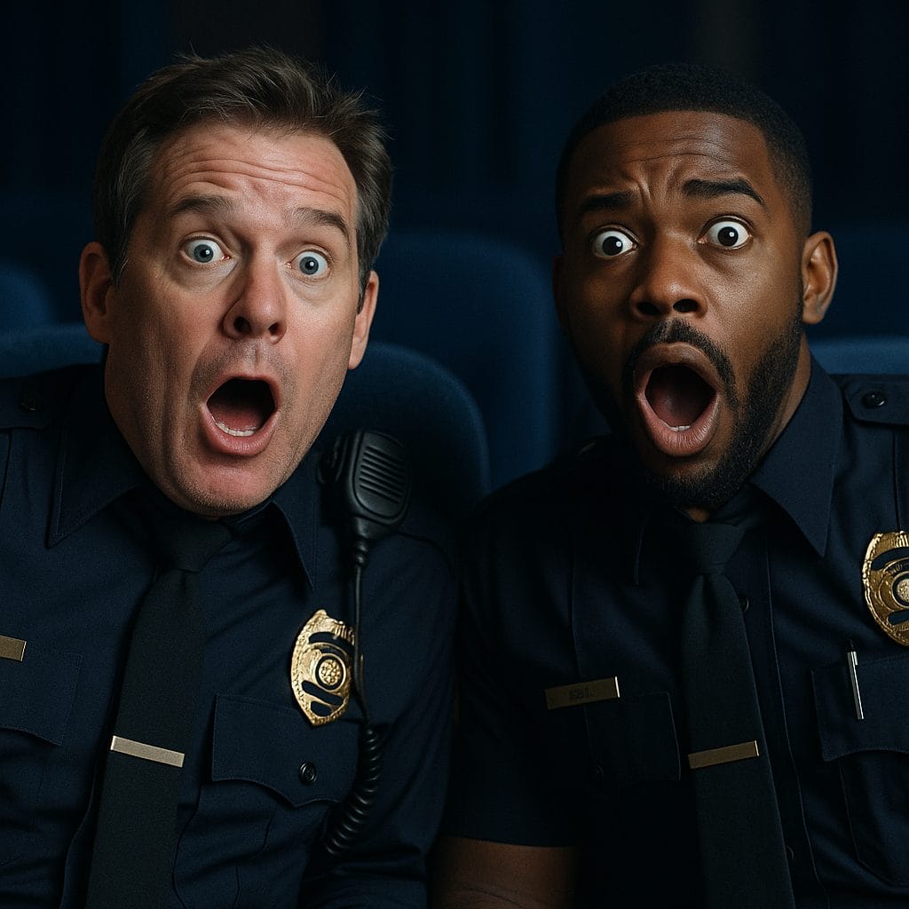 映画館で驚く警察官たち