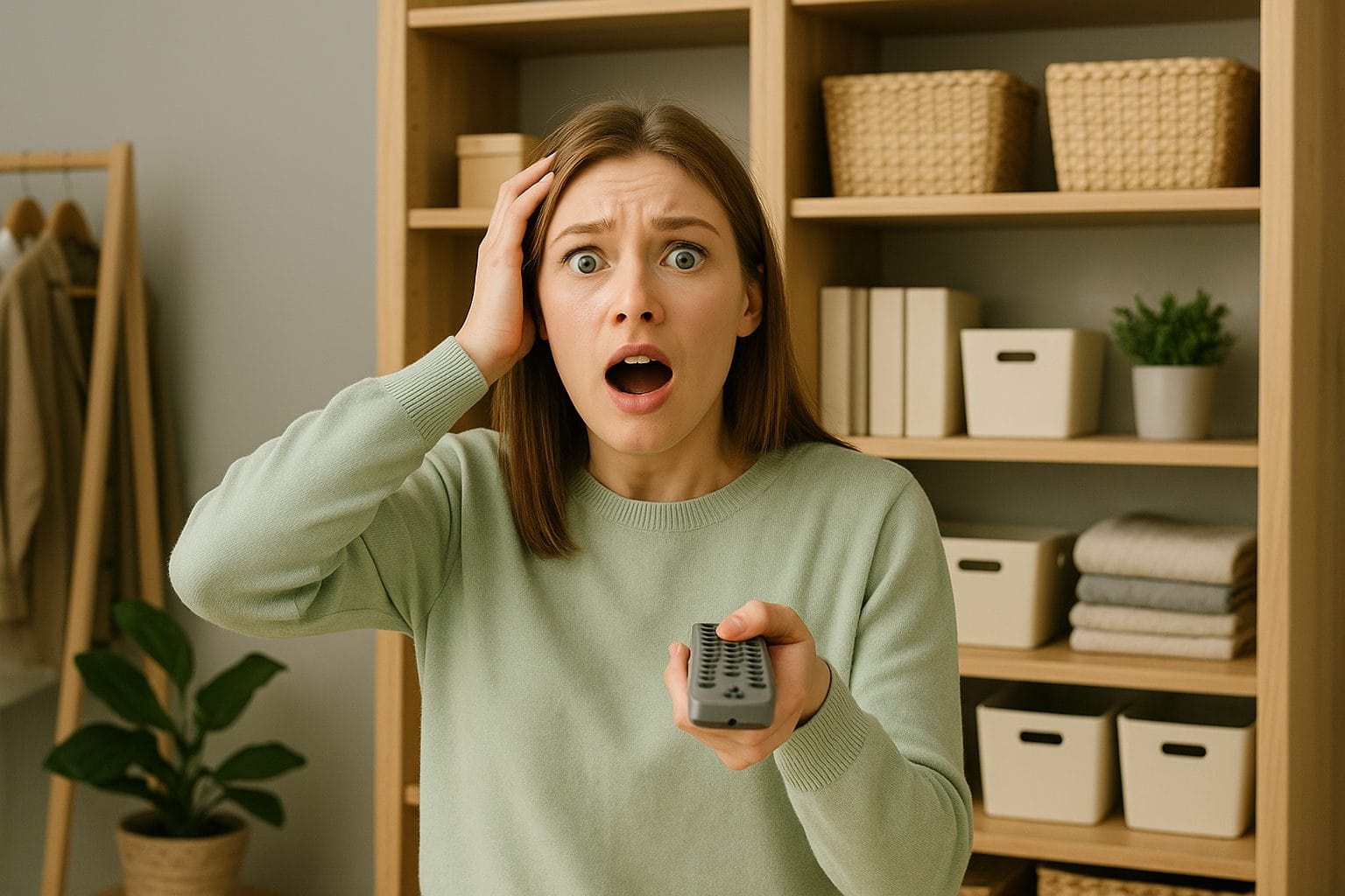 驚きの表情と整然とした部屋