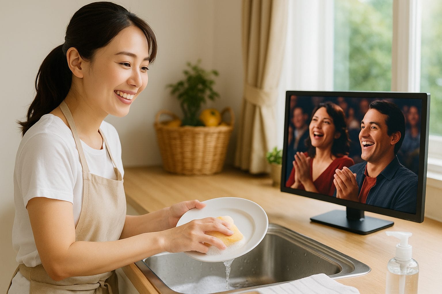 キッチンで映画を楽しむ女性