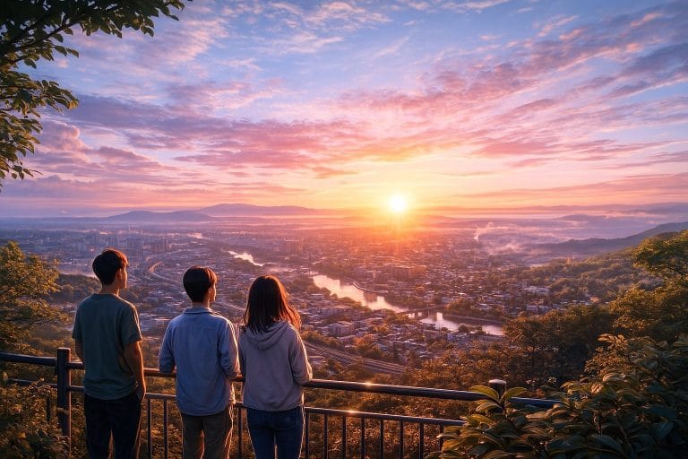 朝日の中での仲間たち