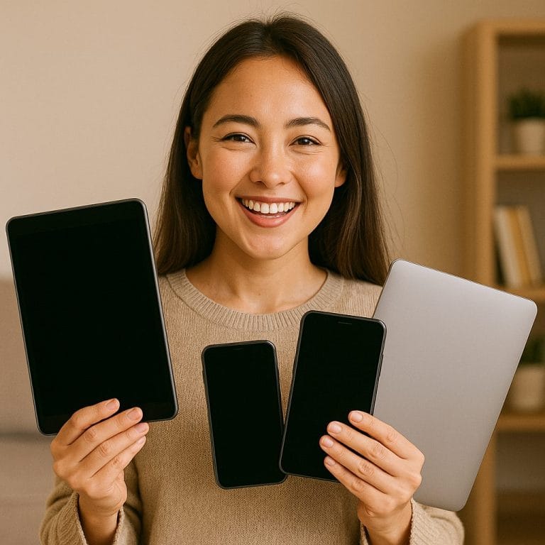 電子機器を持つ微笑む女性
