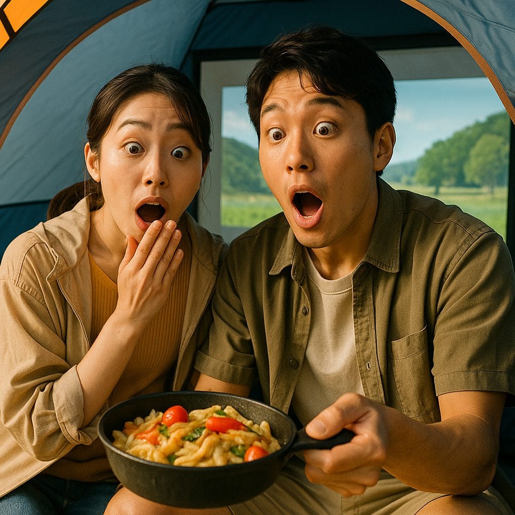 キャンプの昼食と美しい風景