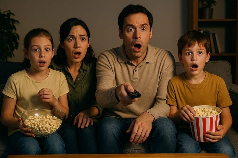 テレビの前で驚く家族