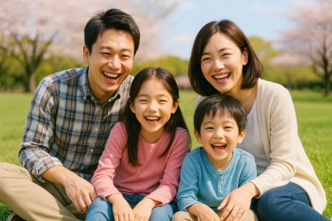 楽しむ家族と桜の公園