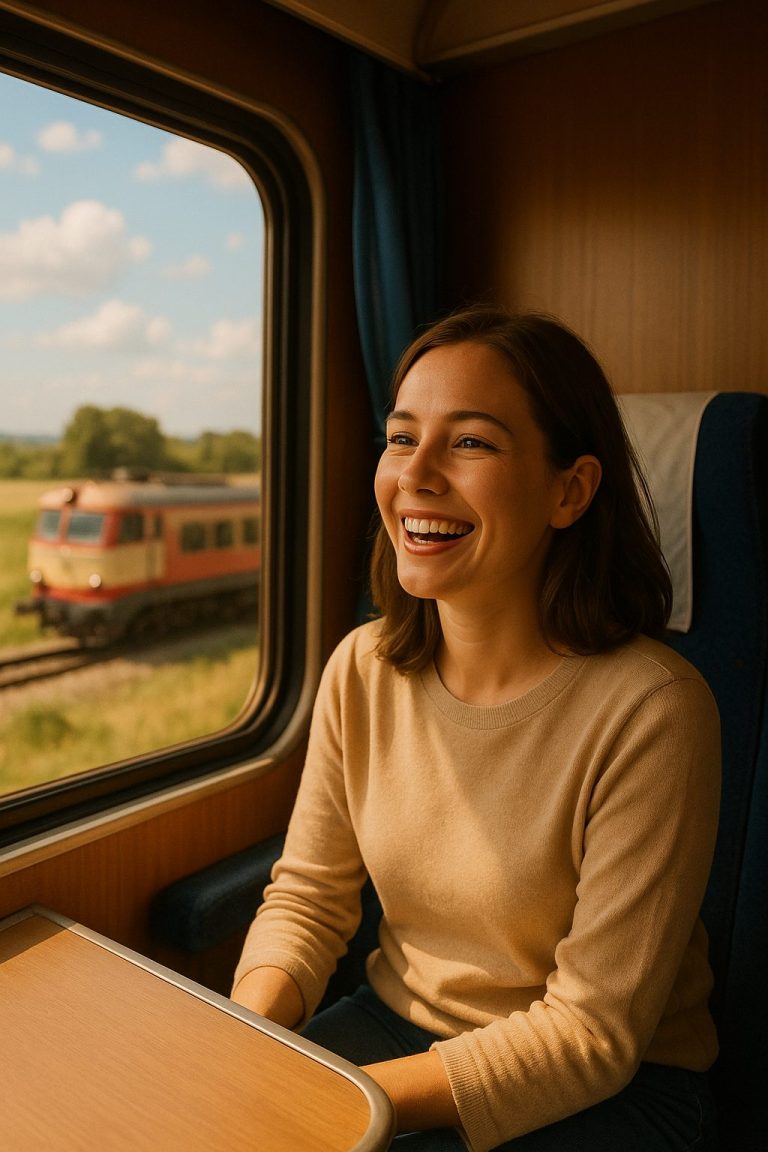 列車の窓辺で微笑む女性