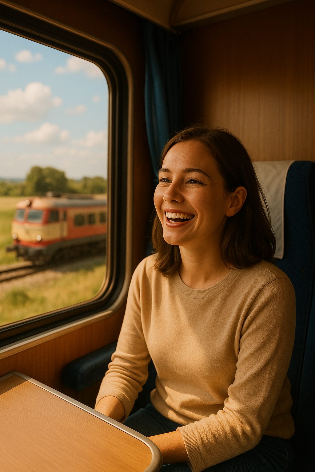 列車の窓辺で微笑む女性