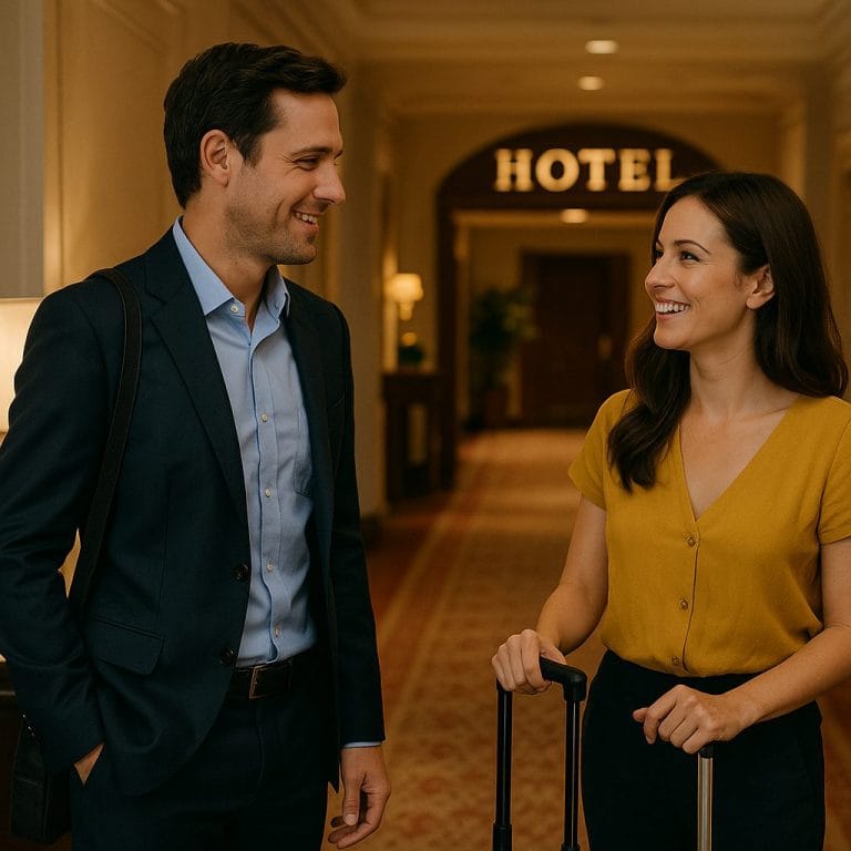 ホテルの廊下での会話