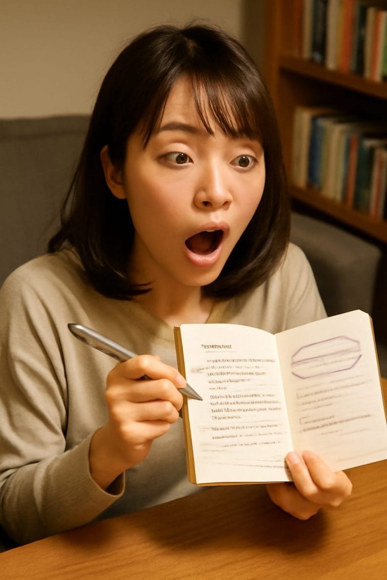 ノートを見て驚く女性