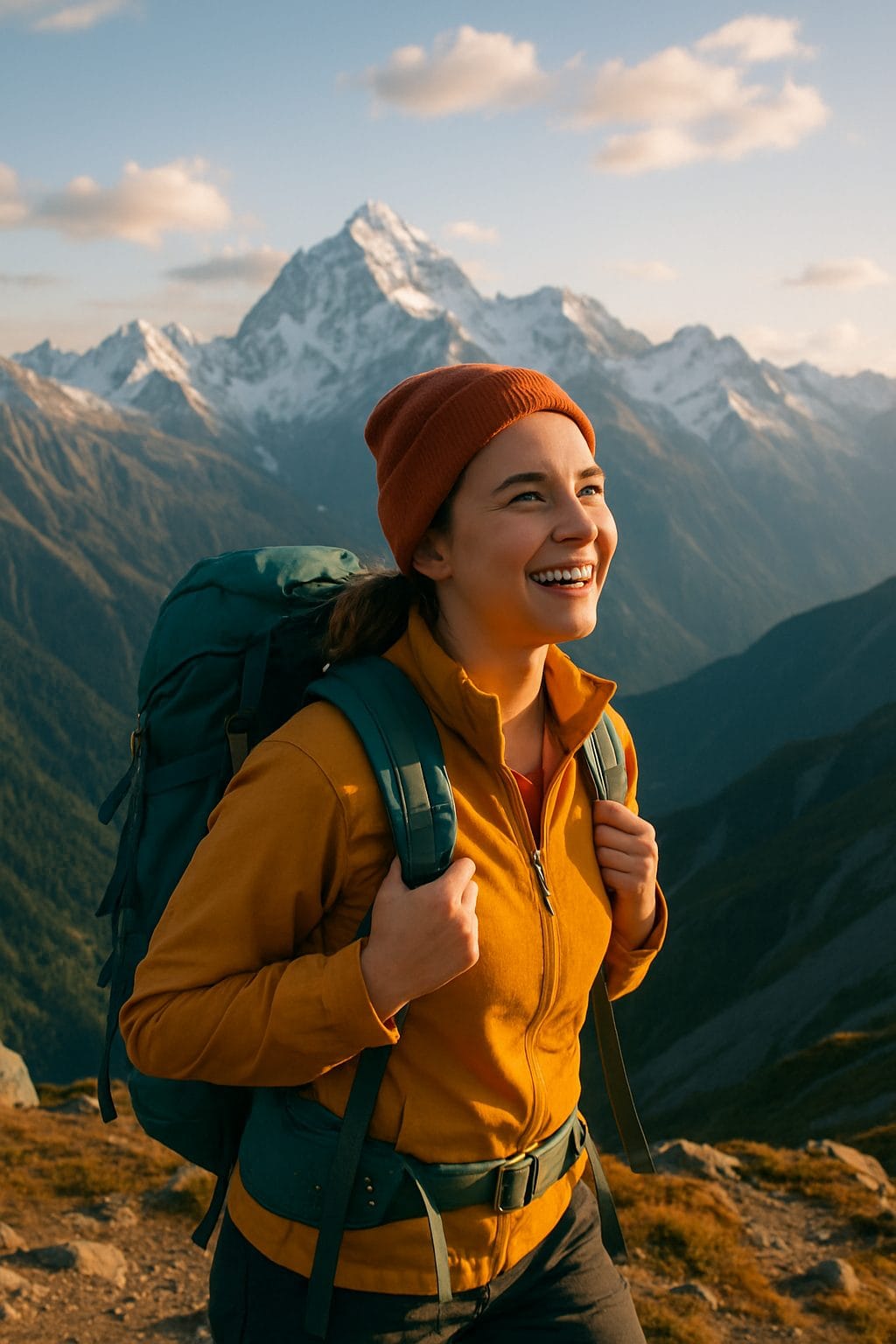 山頂での笑顔のハイカー
