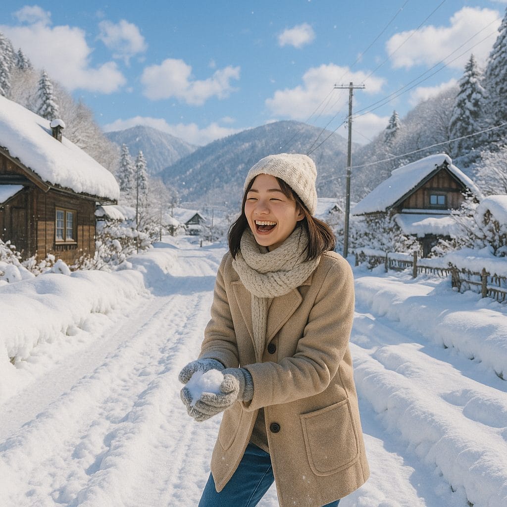 雪の中で笑う女性