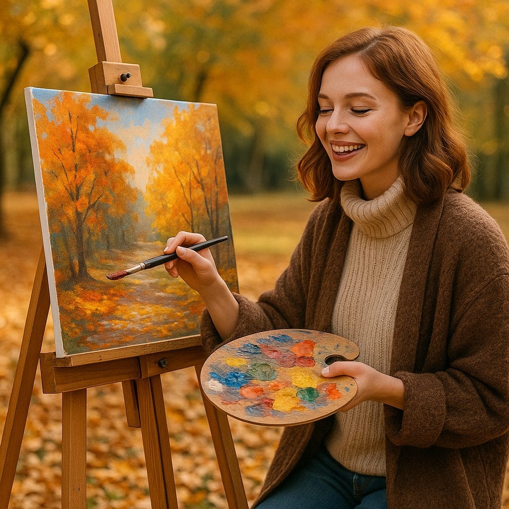 秋の風景に没頭する画家