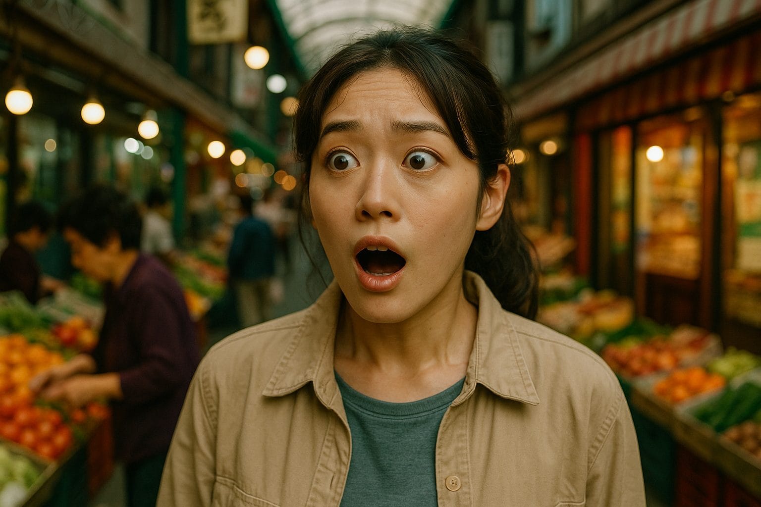 市場で驚く女性