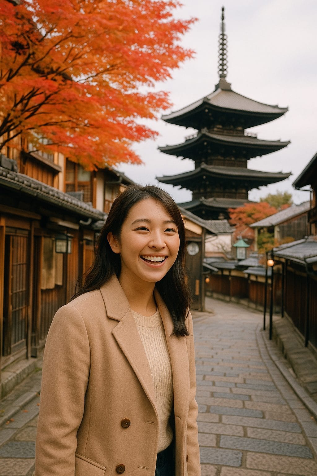 秋の京都、笑顔の女性