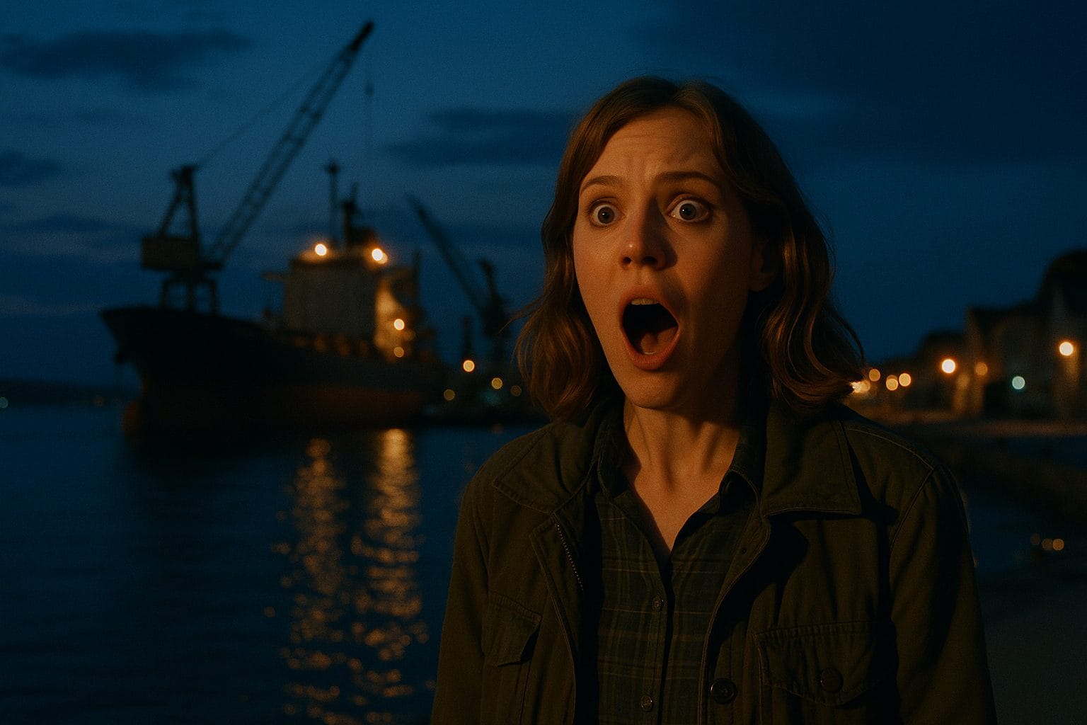 夕暮れの港と女性