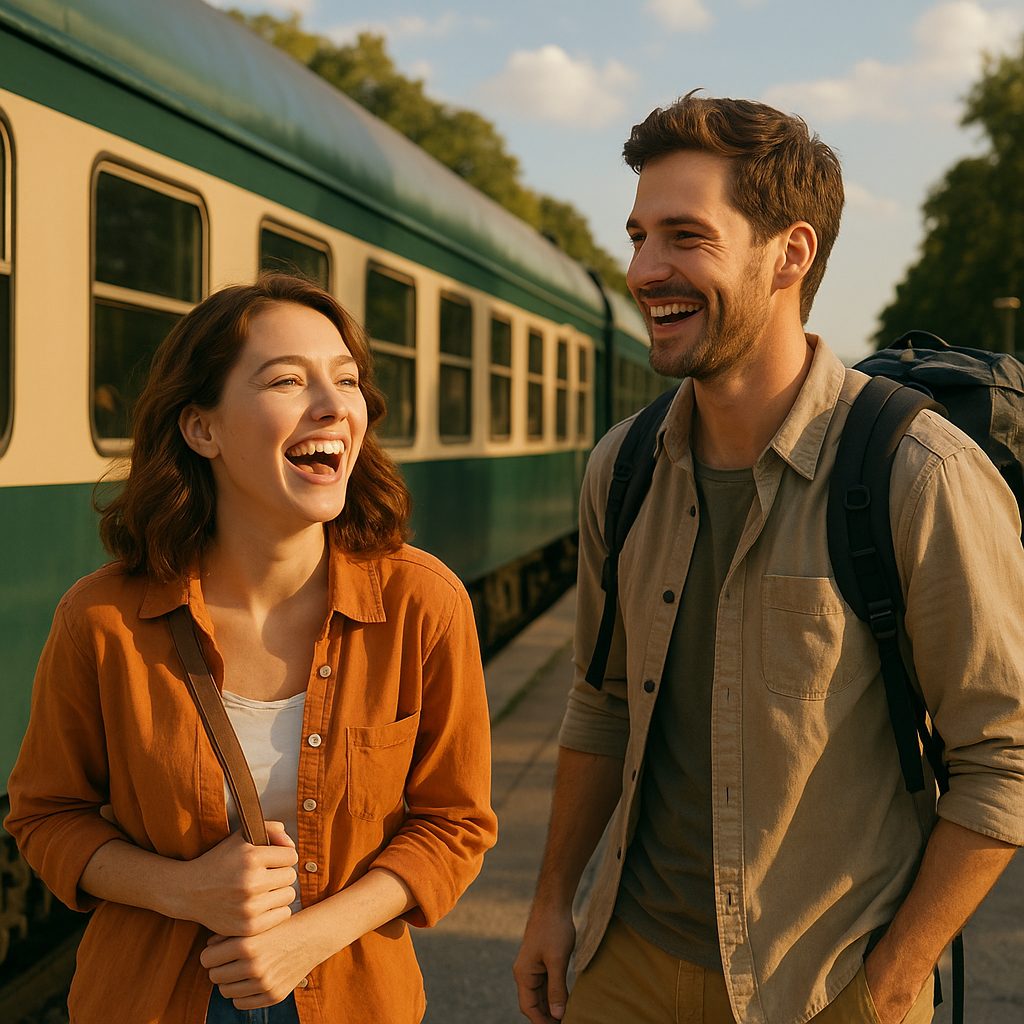 夕日の駅で笑う二人