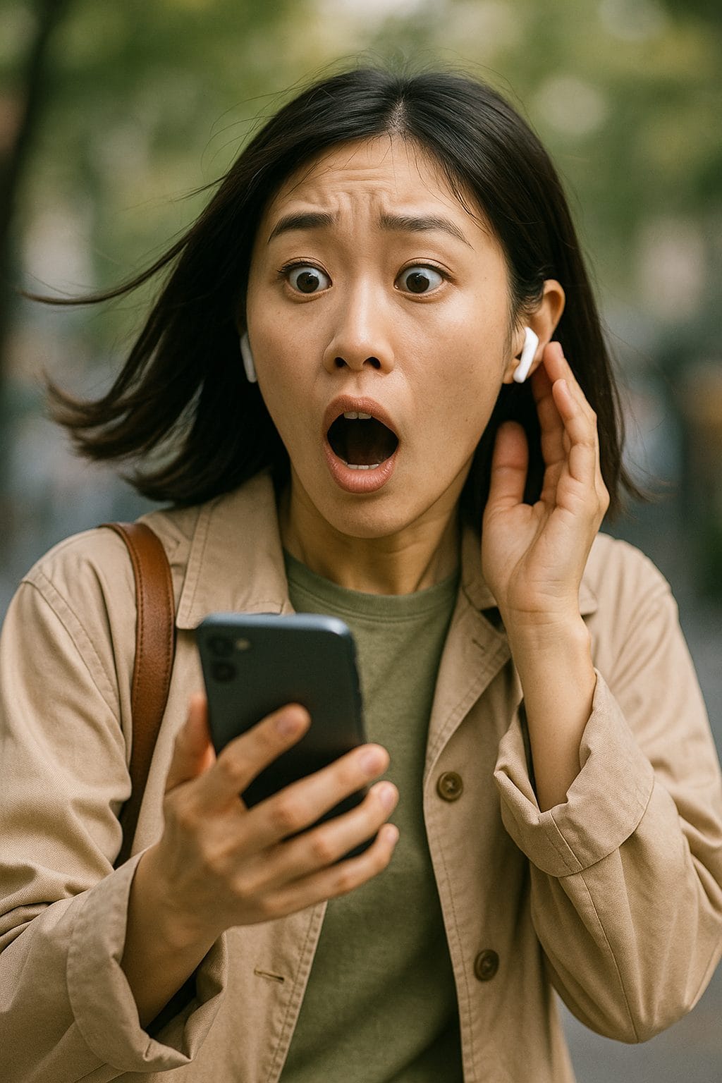 驚く女性とスマートフォン