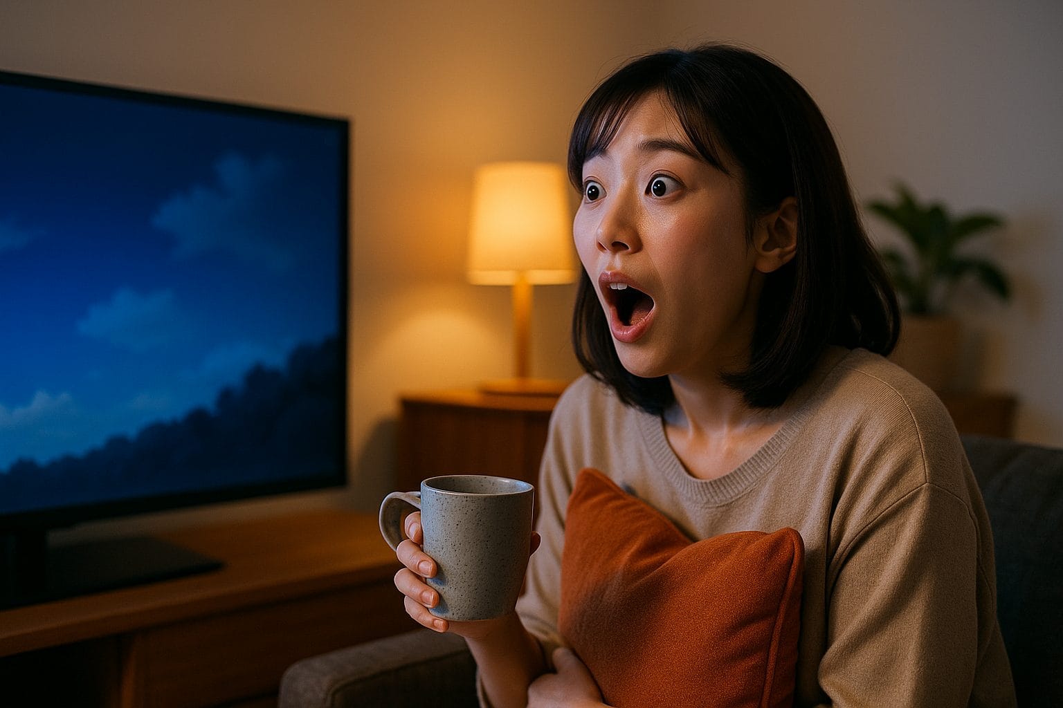 映画鑑賞する女性の驚き