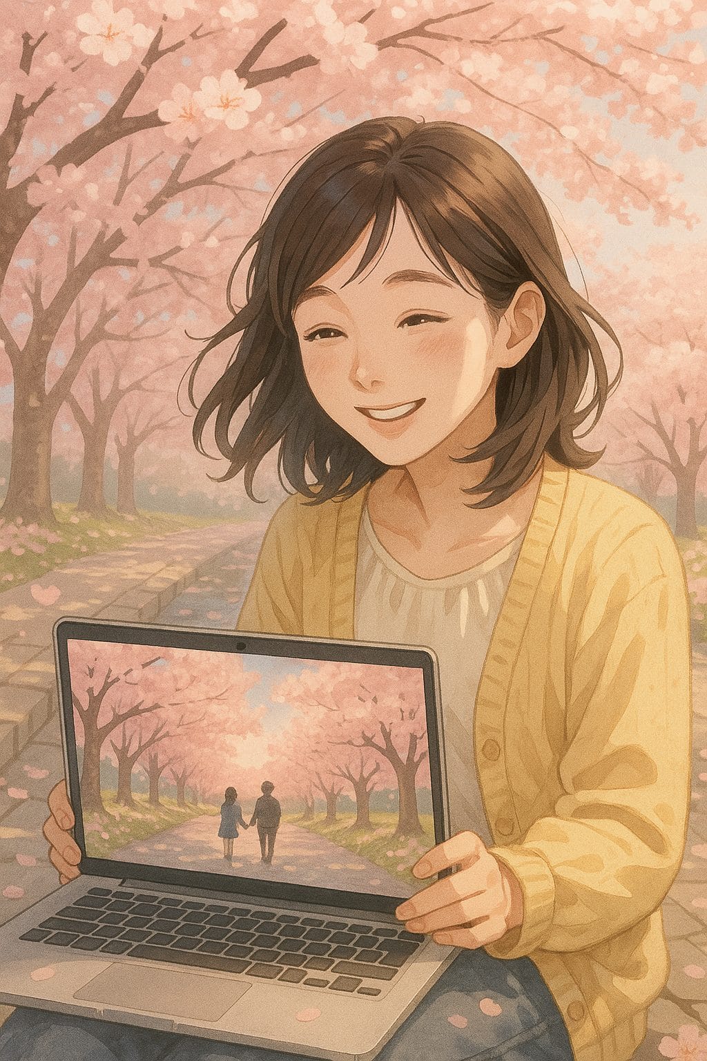 桜の下で映画を楽しむ