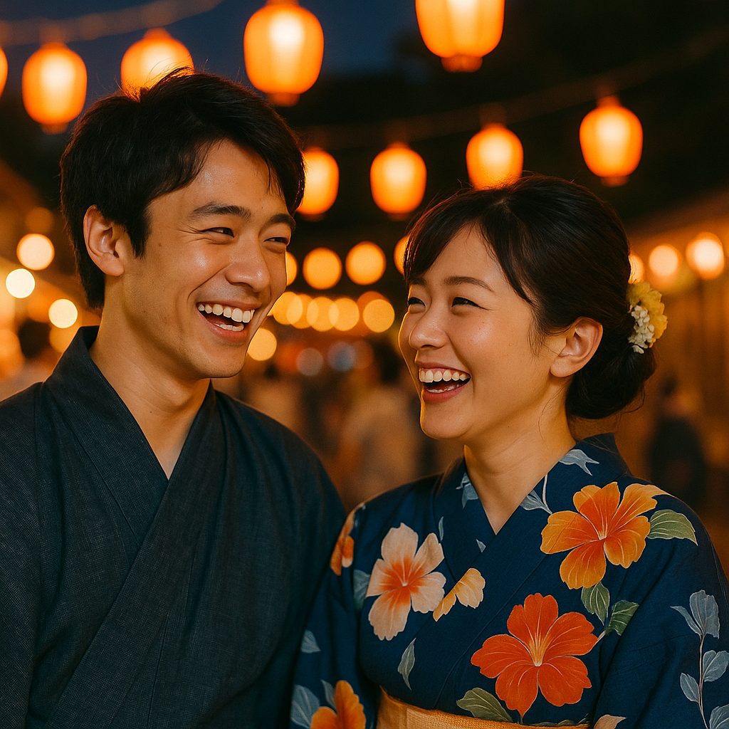 夏祭りの笑顔カップル