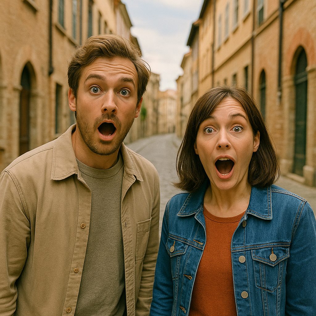 驚きの瞬間、古い街並みで