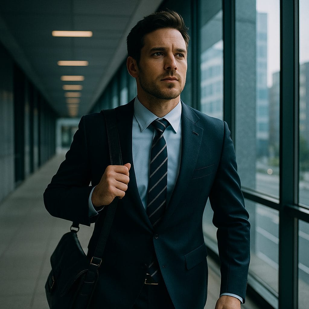 ビジネス街の廊下を歩く男