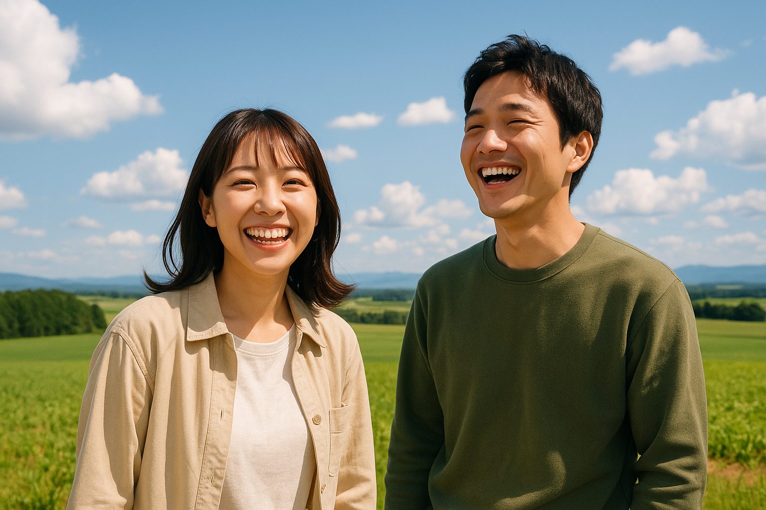 広大な空の下で微笑むカップル