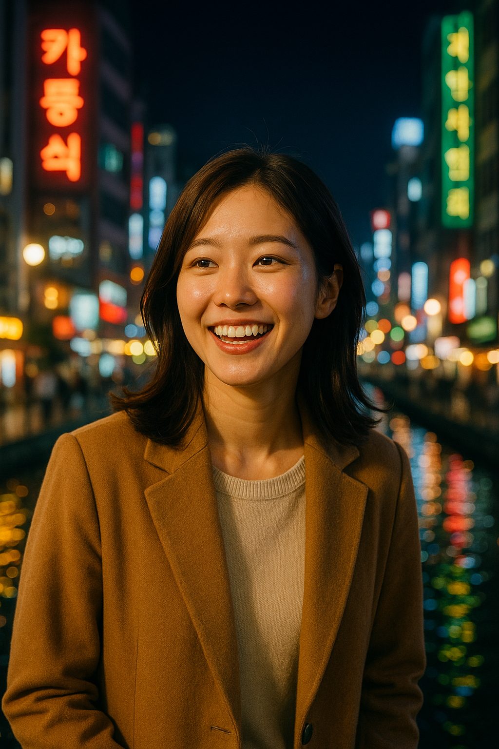 夜の街並みと笑顔の女性