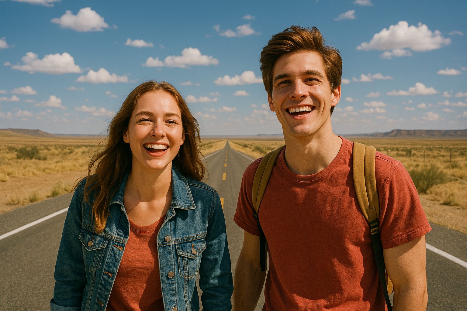 広がる道と陽光の笑顔