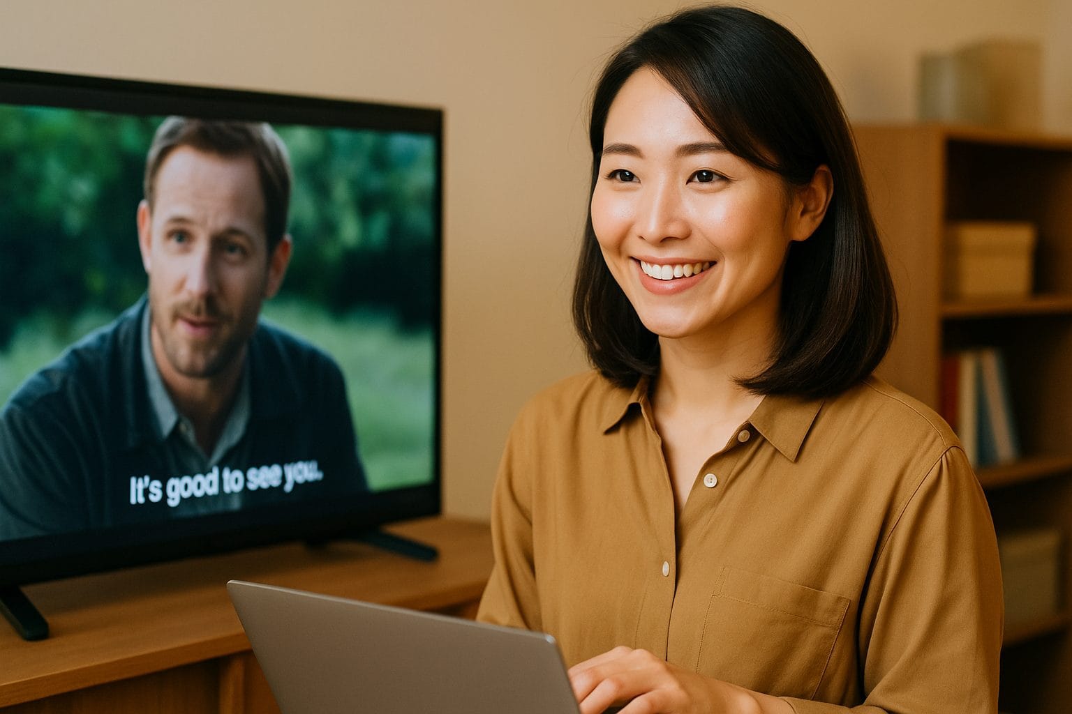 映画を楽しむ笑顔の女性 (1)