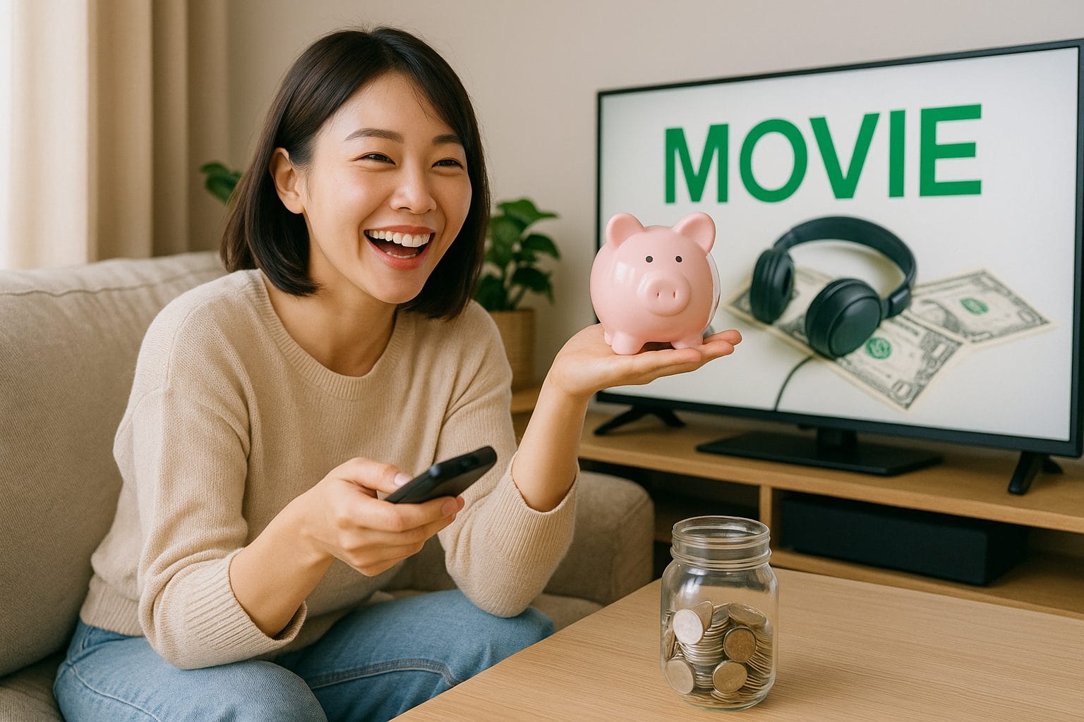 映画を楽しむ笑顔の女性 (1)