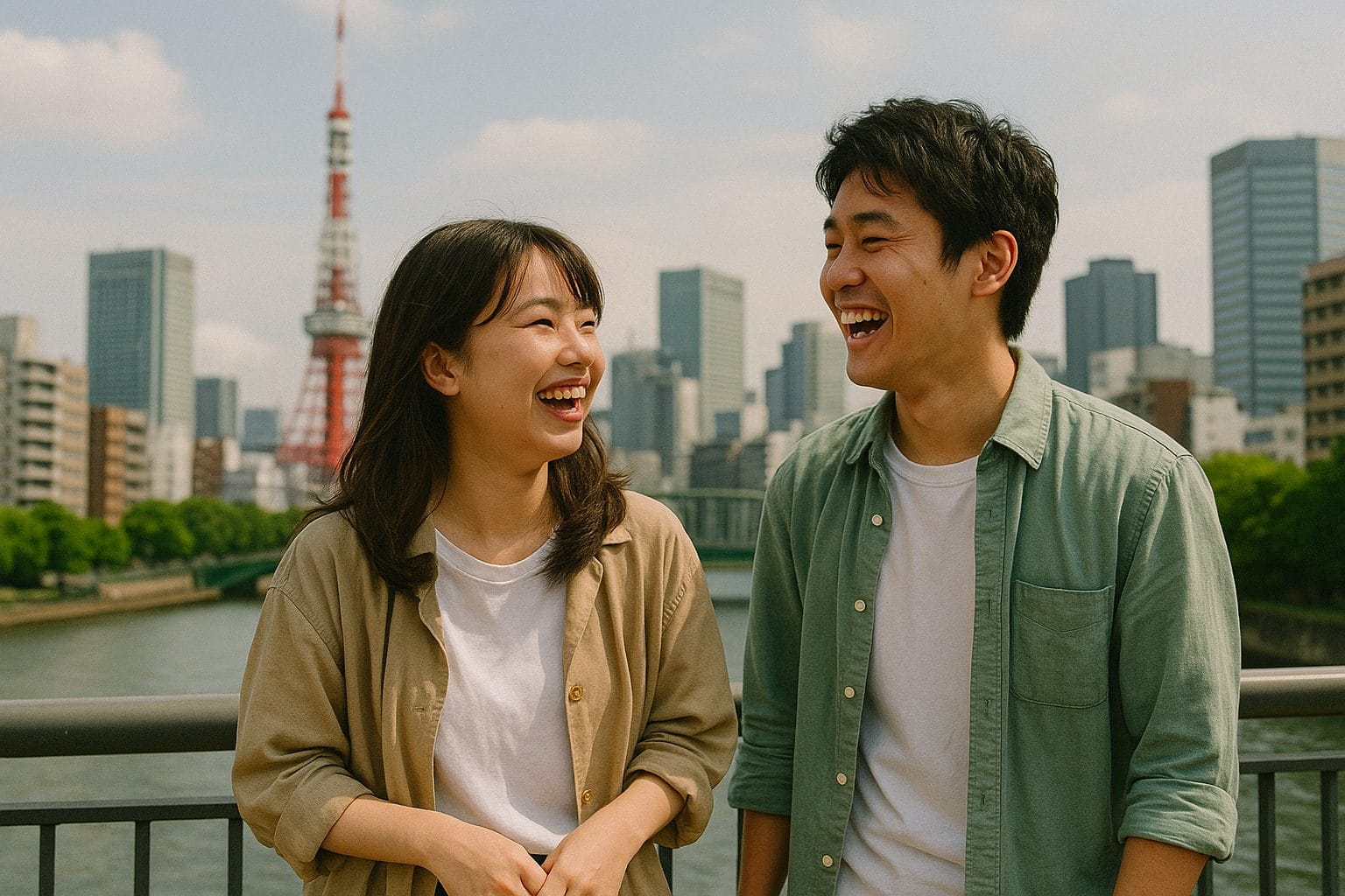 東京の橋で笑うカップル