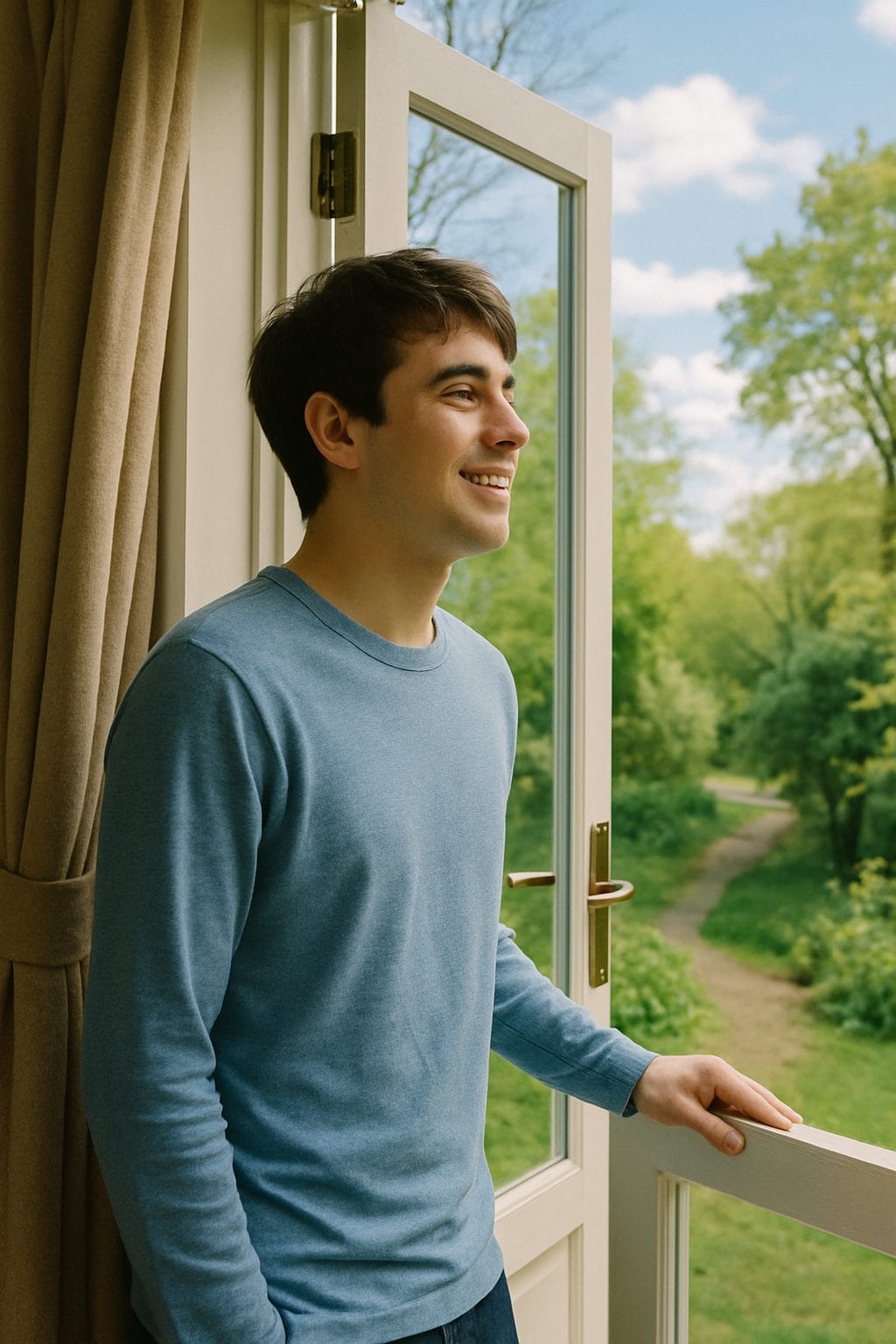 窓辺の青年と緑の風景
