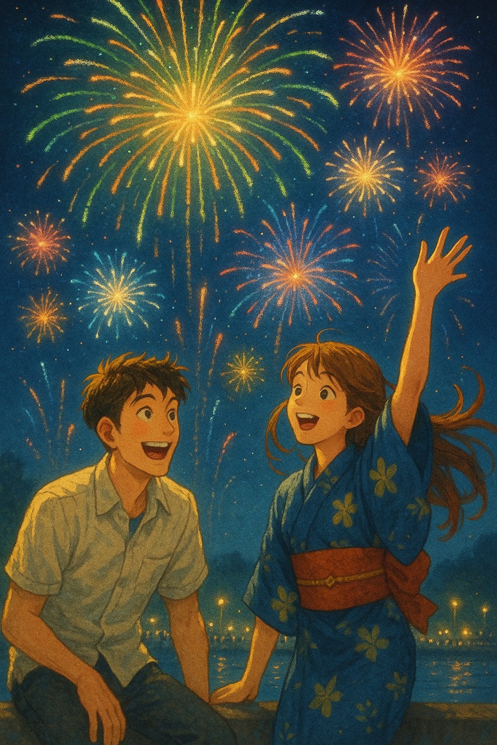 夜空の花火と二人の笑顔