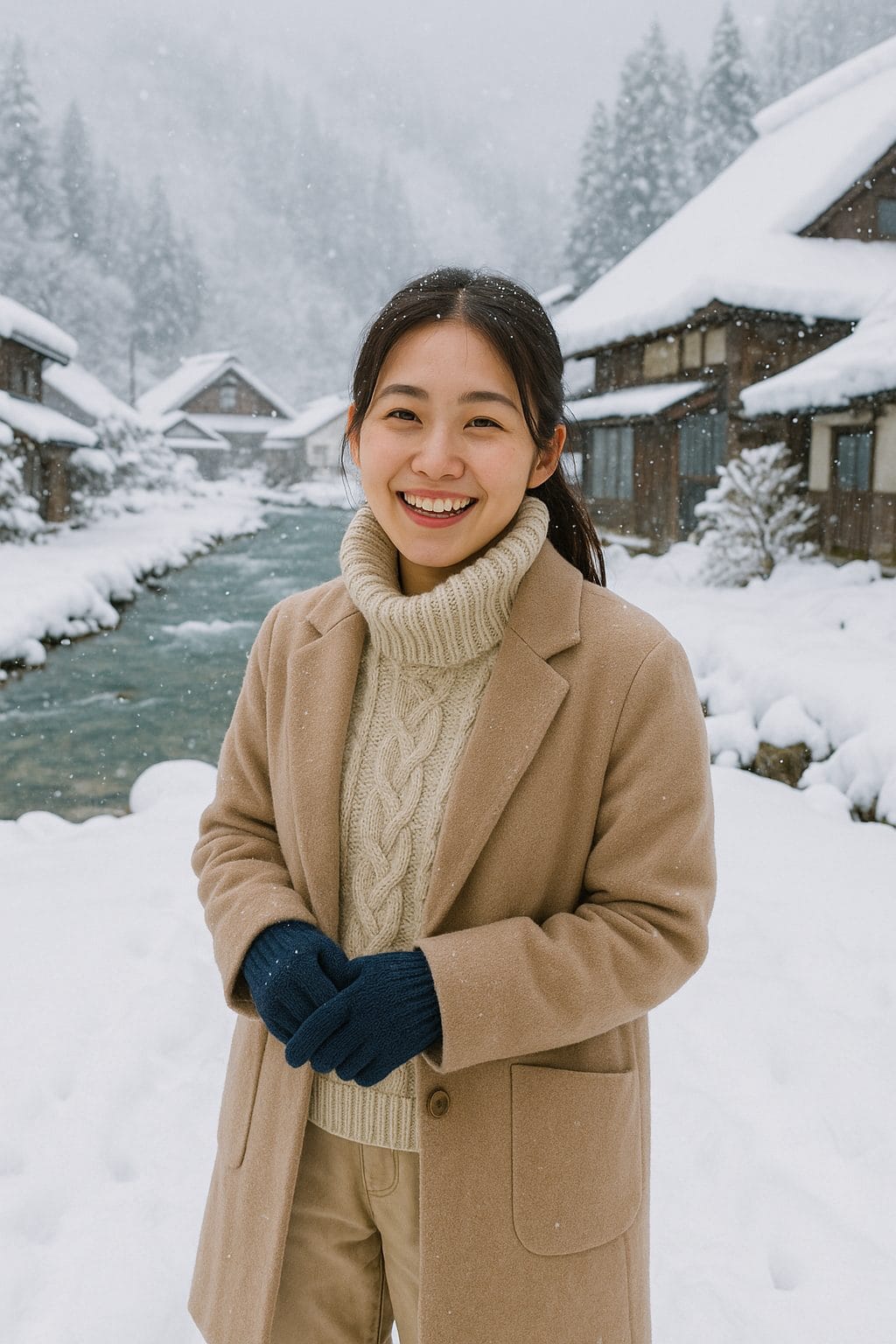 雪に包まれた村の微笑み