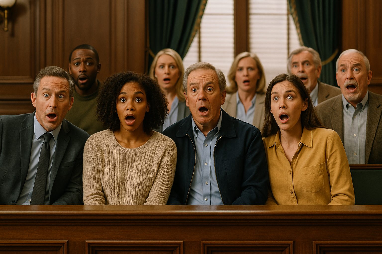 驚きの表情を見せる陪審員たち